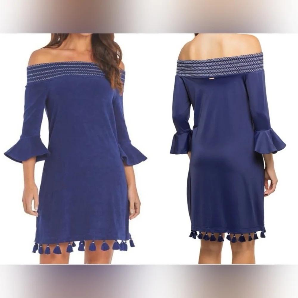 NWOT Cabana Life Navy Terry Off the Shoulder Dress Mini Tassel ,Small - Picture 3 of 6